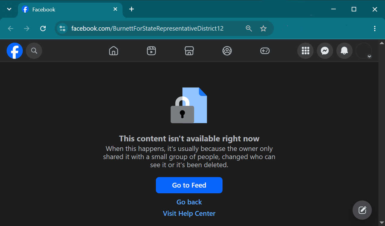 Screenshot showing Brian Burnett's campaign Facebook page as unavailable to the site author's account